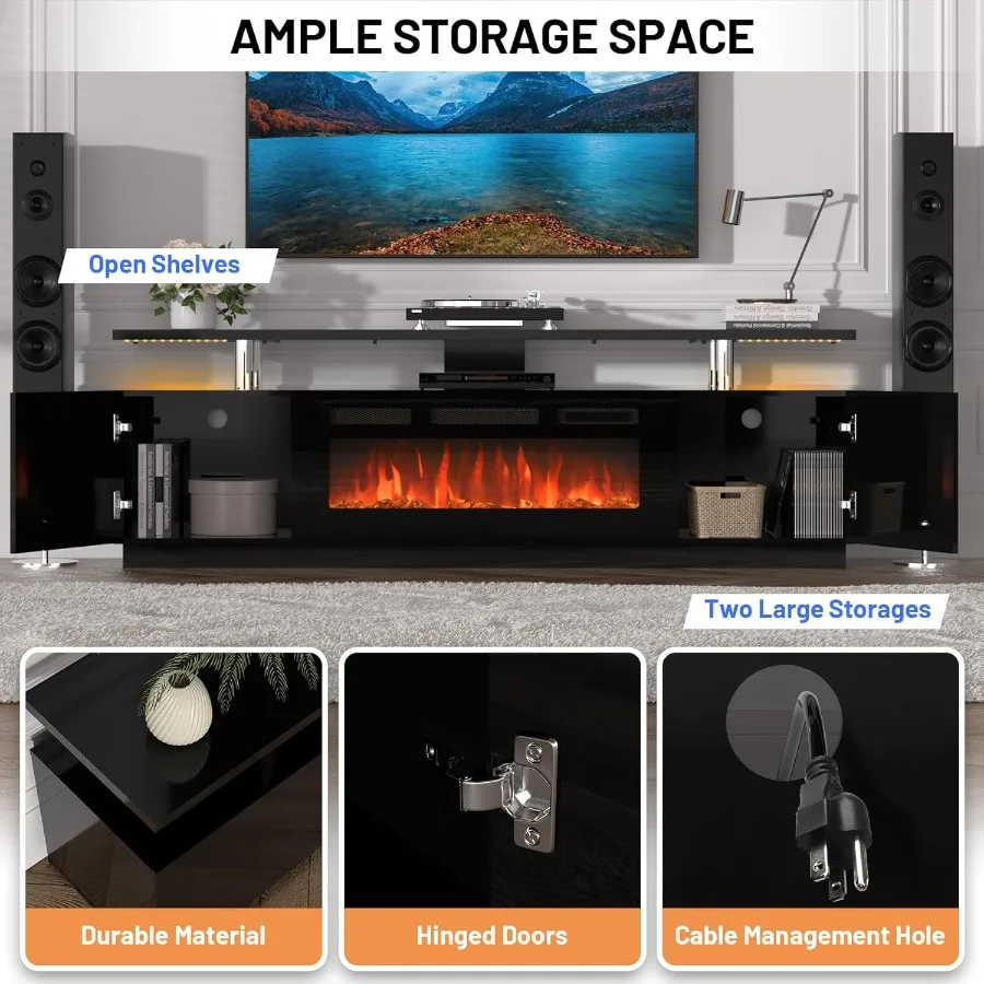 حامل تلفزيون مدفأة 70 بوصة مع مدفأة كهربائية 36 بوصة تتميز بمصابيح LED 12 لونًا وإعدادات حرارة مزدوجة 750 وات/1500 وات للتلفزيونات #4