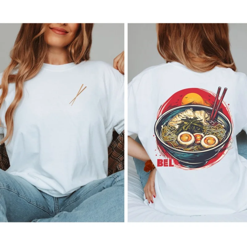 Ramen Graphic T-Shirt Japanese Noodle Bowl with Egg Illustration Tee Casual Anime Streetwear Unique Foodie Gift Cotton Shirts