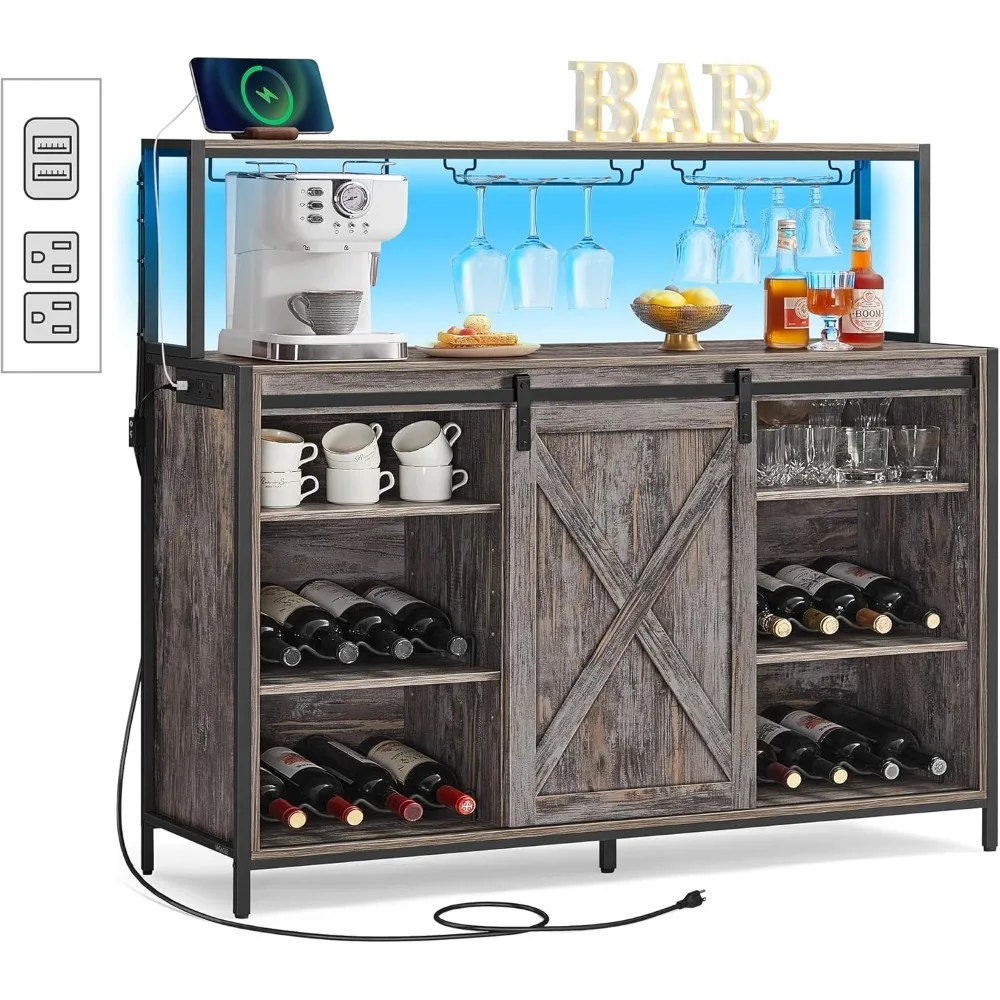 خزانة بار القهوة مع مخرج طاقة وإضاءة LED للتحكم الصوتي، وخزانة بوفيه مع أبواب الحظيرة المنزلقة، وخطافات S، والنبيذ #1