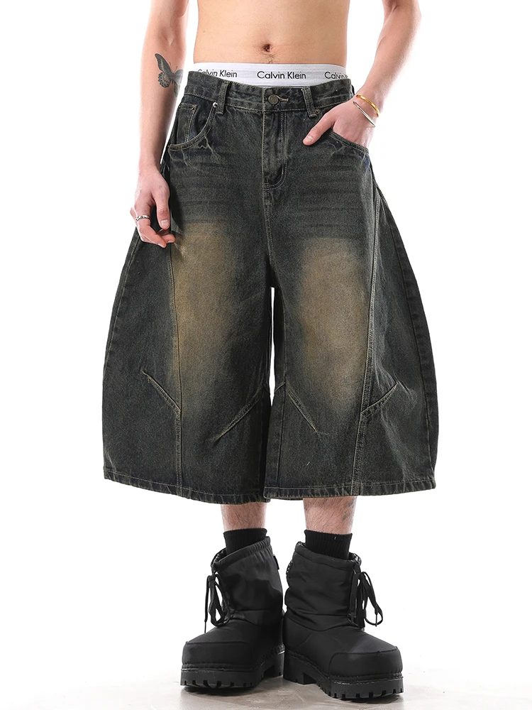 Retro American Distred Knife  Jeans Men's Summer Streetwear Loose Casual Wide Leg orts Straight Leg Fit Jeans