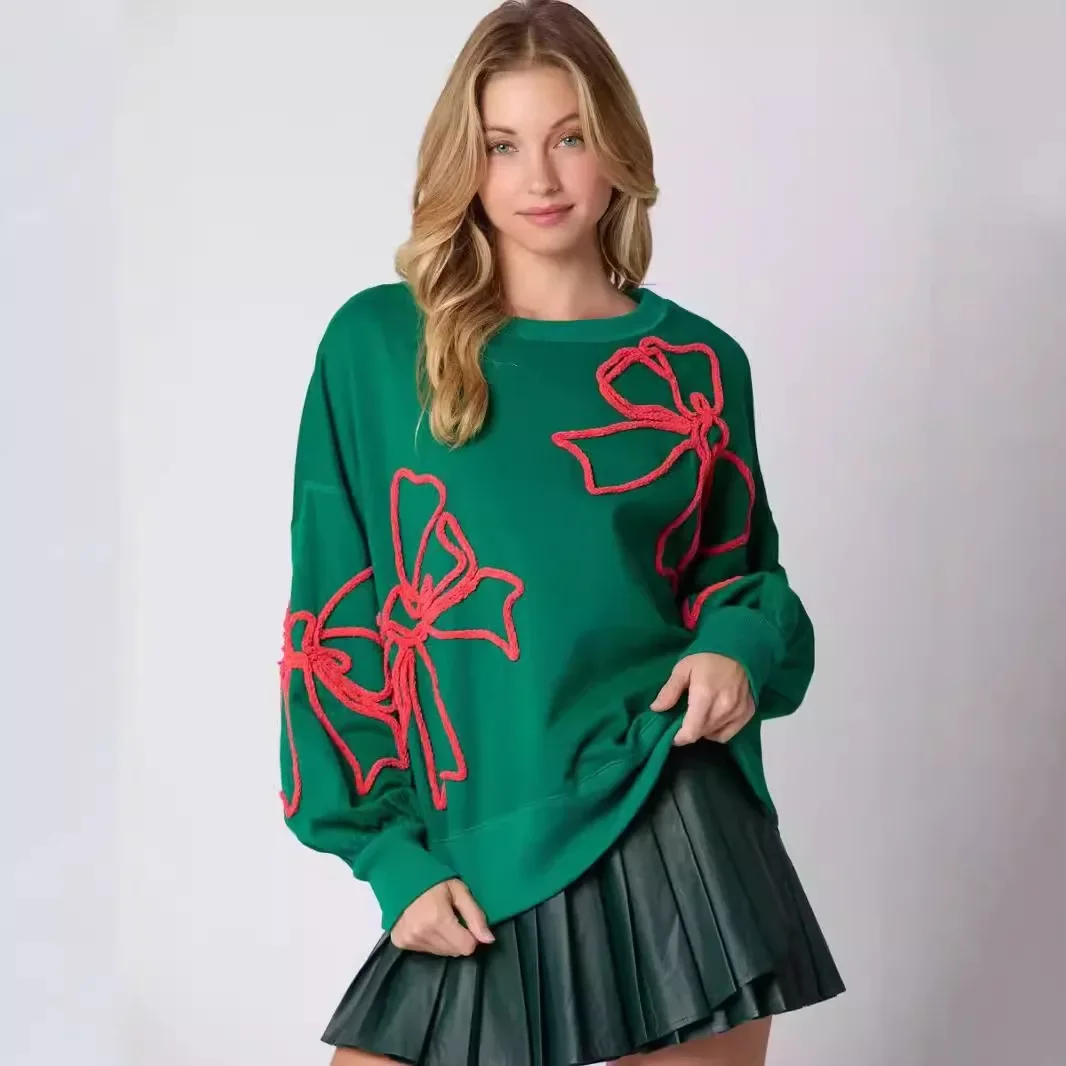 

Модные рождественские женские толстовки, свободные пуловеры с длинными рукавами и круглым вырезом, бантом и вышивкой, повседневные толстовки, женская зимняя одежда