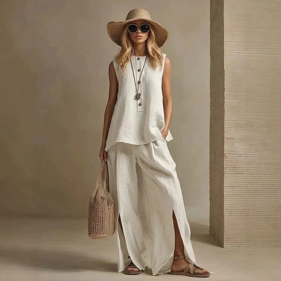 Women's Cotton Linen Summer Tracksuits Outfits Casual Loose-fitting Sleeveless Tank Top And Silt Long Pants Two Piece Set