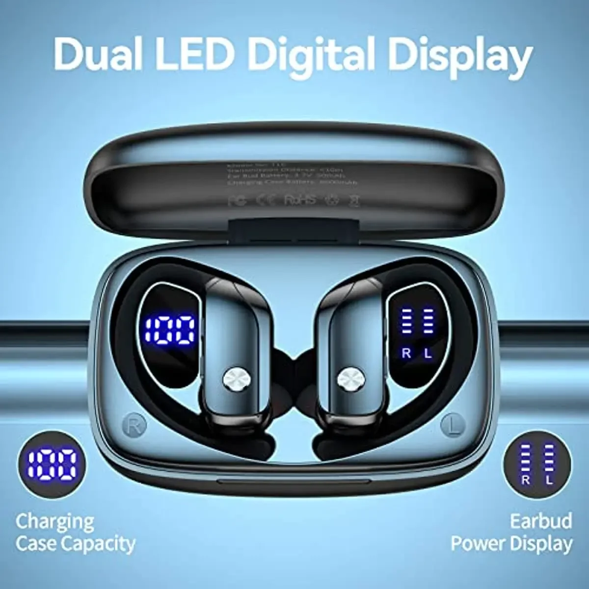 Fones de ouvido sem fio com display LED, fones de ouvido bluetooth, play back, fones de ouvido esportivos, botões over-ear, ganchos, microfone embutido, 48h