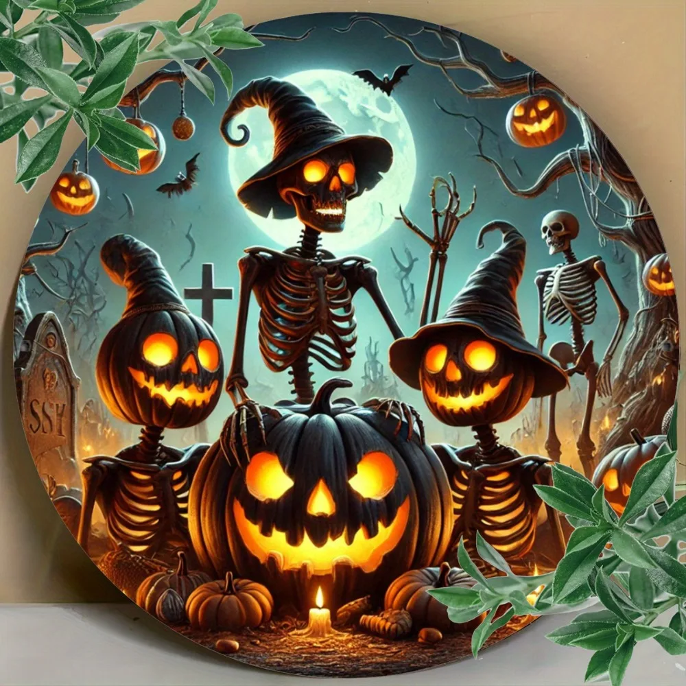 لافتة معدنية فزاعة رعب الهالوين ثنائية الأبعاد، فن معلق من القصدير الدائري المطبوع المسطح، ديكور جداري مقاس 8 بوصات