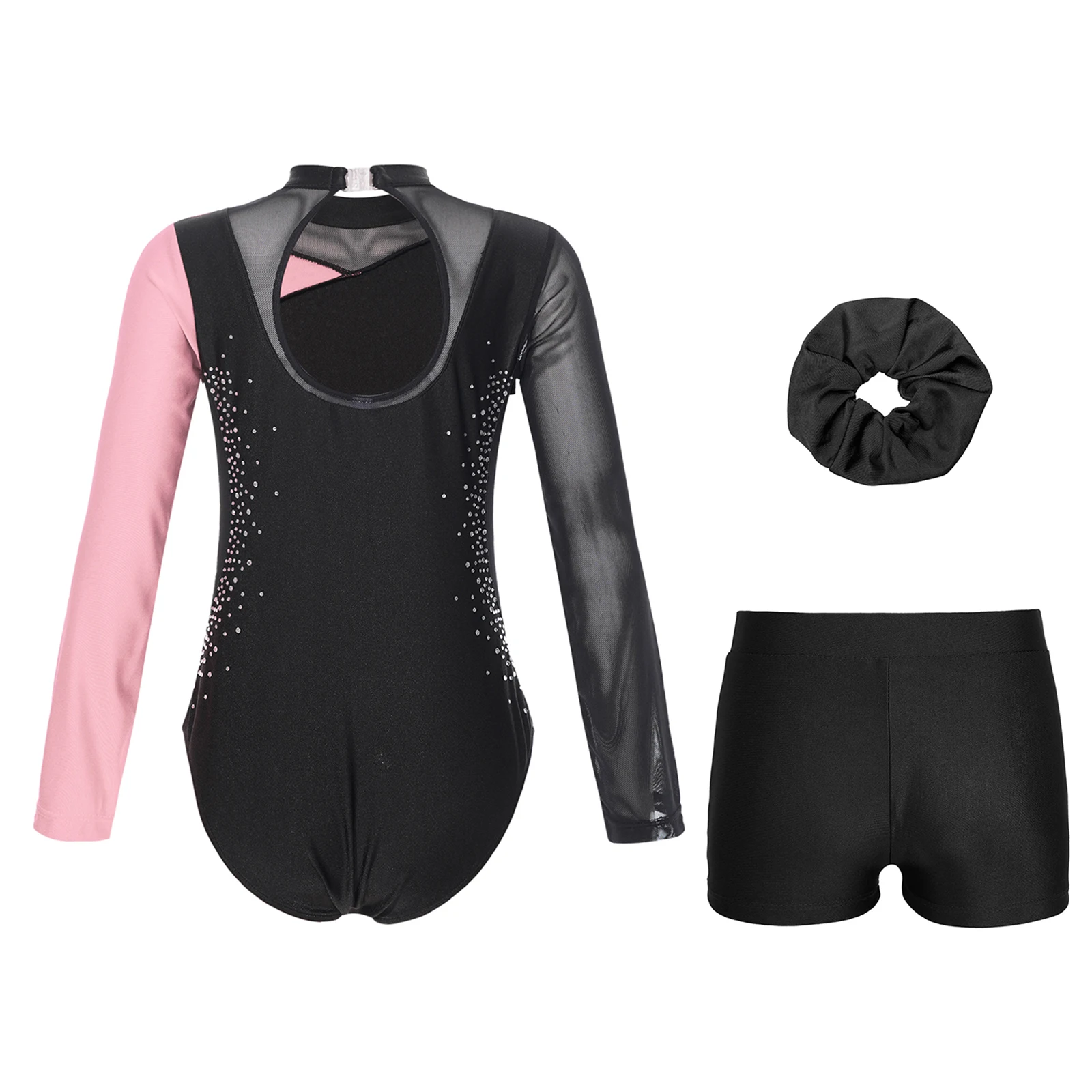 Kids Girls Gymnastic Ballet Warm-up Performance Costume Long Sleeve Rhinestone Leotard with Shorts And Hair Band 3-Pcs Set