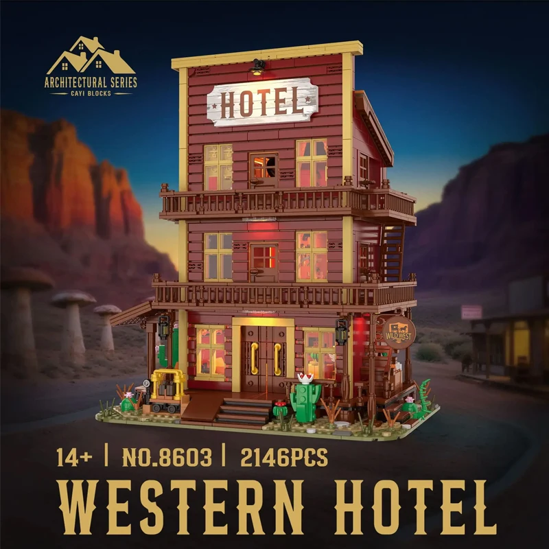 2146PCS Western Grand Hotel Building Blocks Set Street View Wild Western Cowboyed Tvern Bar House Modular Model Toys Kids Gift