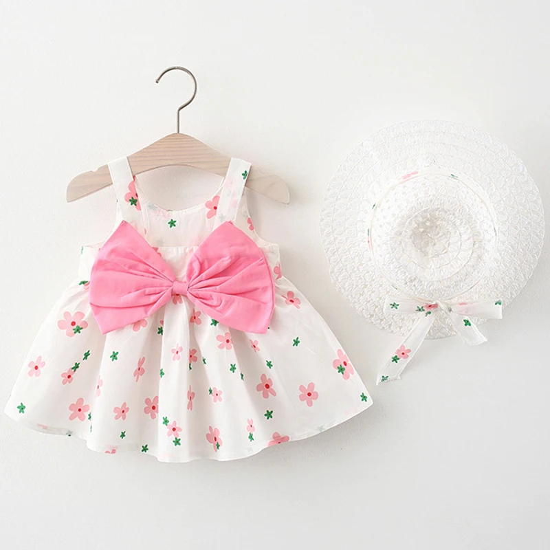 

2Piece Set Summer Toddler Girl Clothes Korean Cute Bow Flowers Sleeveless Beach Toddler Princess Dress+Sunhat Baby Dresses BC174