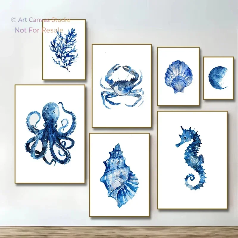 Watercolor Blue Coastal Sea Creatures Posters Prints Octopus Conch Crab Moon Seaweed Wall Art Canvas Painting Room Home Decor