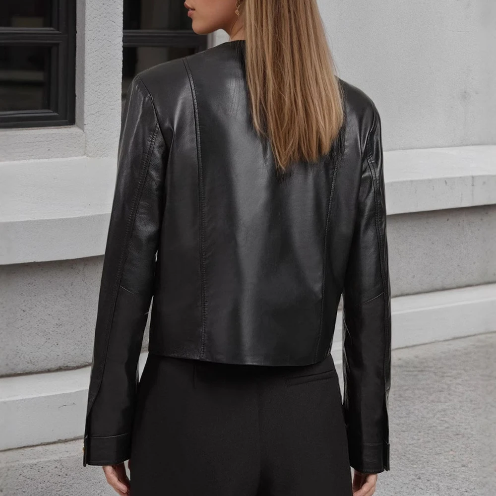 سترة نسائية قصيرة من جلد البولي يوريثان بأكمام طويلة ورقبة دائرية وإبزيم معدني مزين باللون الأسود والذهبي والأزياء الأوروبية الأمريكية