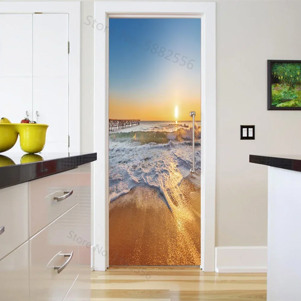 Dusk Flowing Water Door Sticker 3D Sunflower Beach Natural Scenery Wallpaper Vinyl Waterproof Self-adhesive Decorative Poster