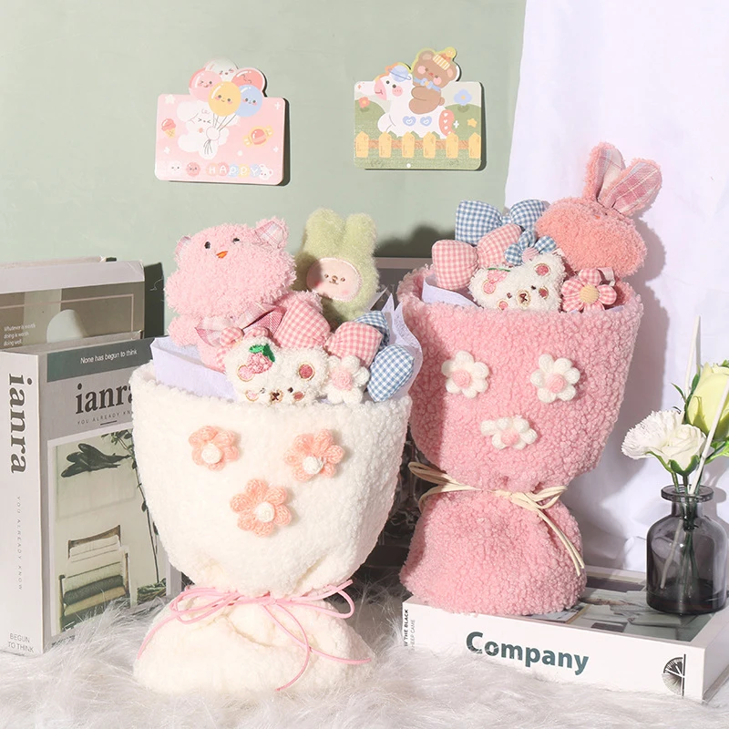 Kawai Plush Dolls Cartoon Bouquet Artificial Flower Creative Cute Animal Bouquet for Children Girlfriend Friend Festival Gifts