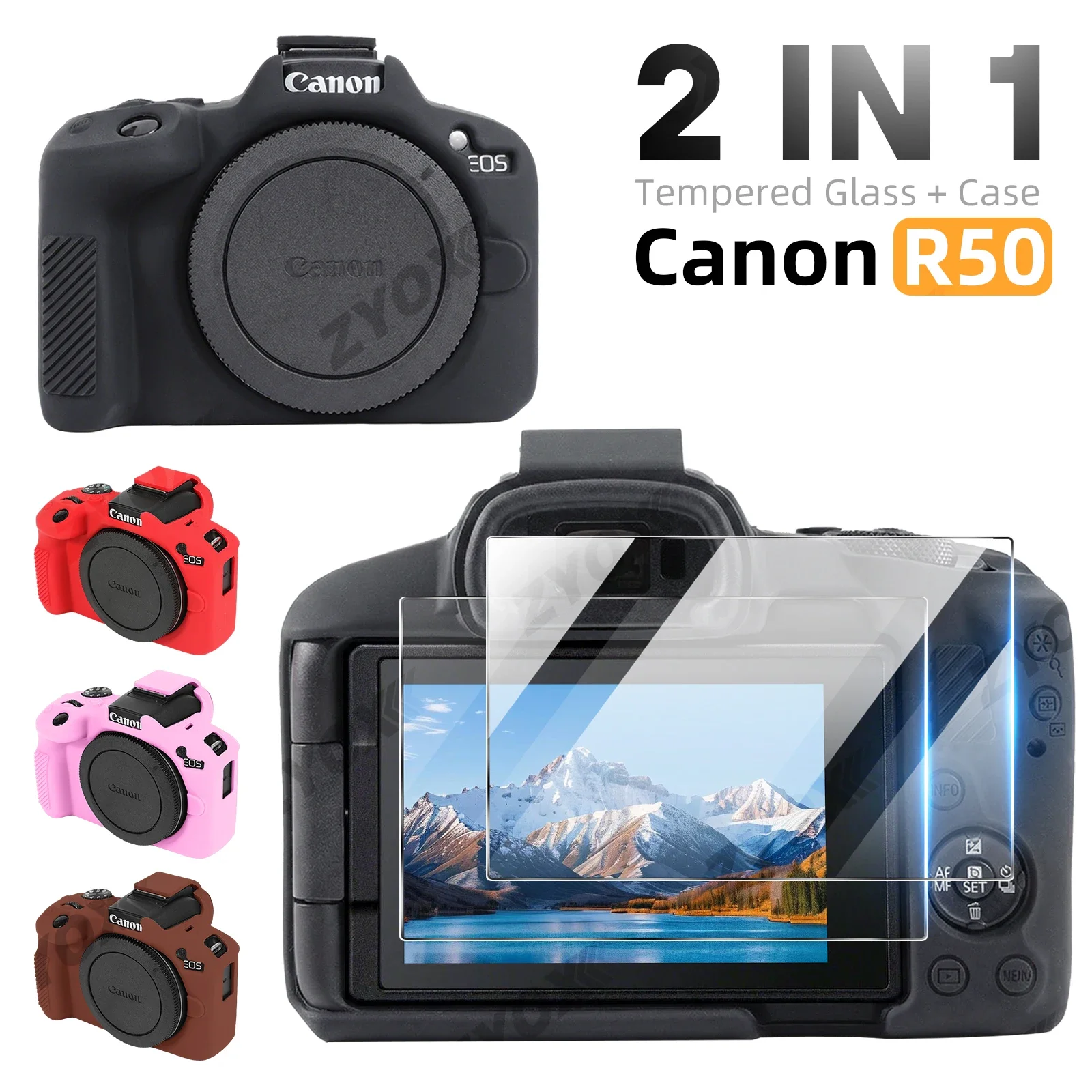 

2 in 1 Case+Glass for Canon EOS R50 Camera Soft Silicone Protective Cover & Screen Protector Glass Film Anti-Scratch Accessories