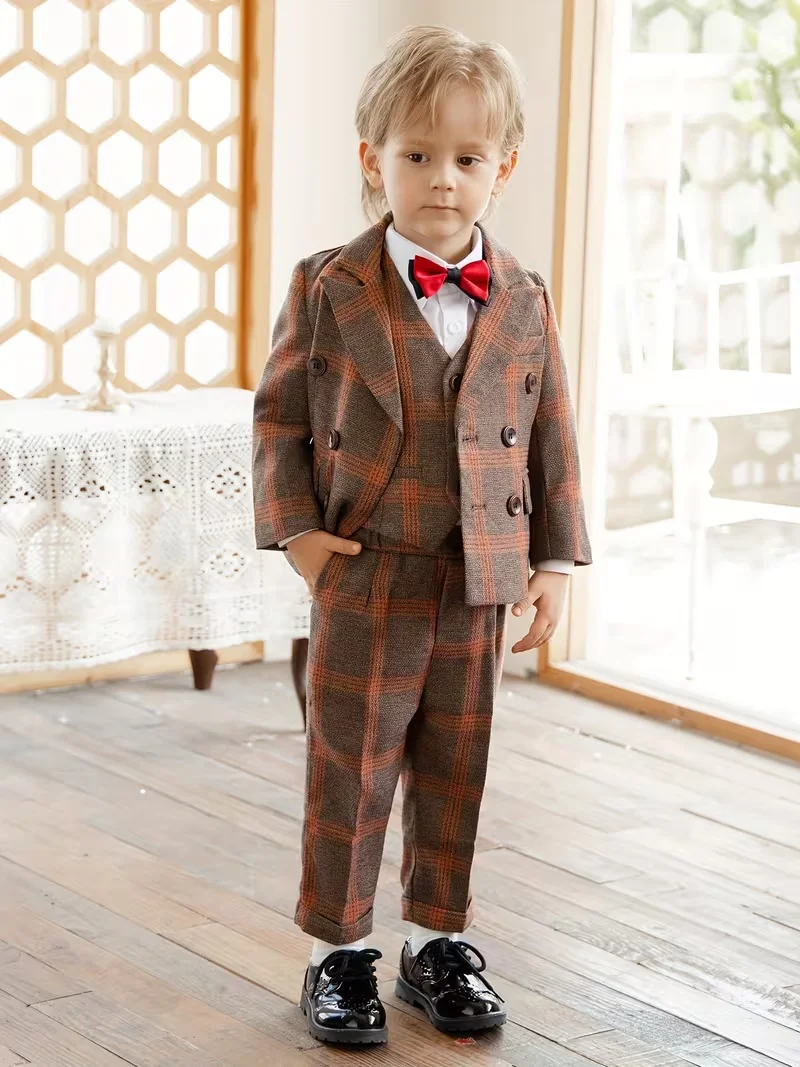 Gentleman Kids Plaid Suit Set for Wedding Boys Birthday Photography Outfit Children's Piano Host Speech Performance Costume