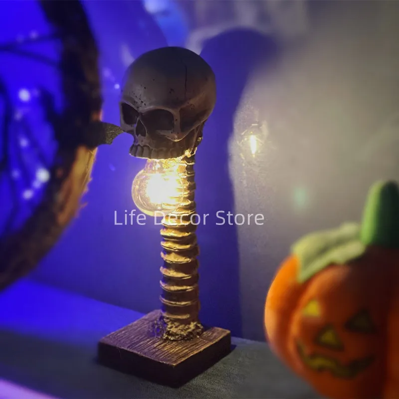 Phone Holder Skull Skeleton Lamp Horror 3D Statue New Table Light Creative Party Ornament Prop Home Bedroom Decoration Scary