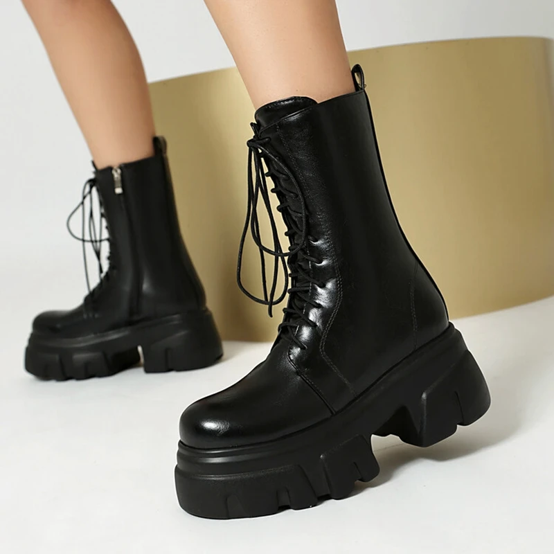 REAVE CAT 8cm Heel 5.5cm Platform Mortorcycle Boots Midcalf Autumn Strap Up Antislip Shoes Big Size 41 42 43 44