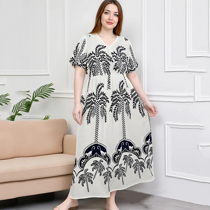 Zomer Gedrukt Strand Plus Size Jurk Vrouwen Sexy V-hals Korte Mouwen Bloemen Elegante Lange Jurken Dames Hoge Taille Vintage Gewaad