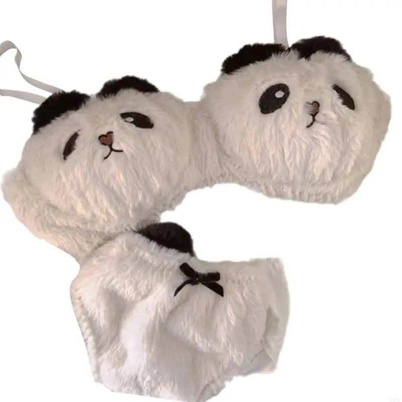

L5YC Women's Girls Plush Underwear Female Anime Cartoon Panda Animal Pattern Furry Bra and Panty Set Winter Lingerie Intimate