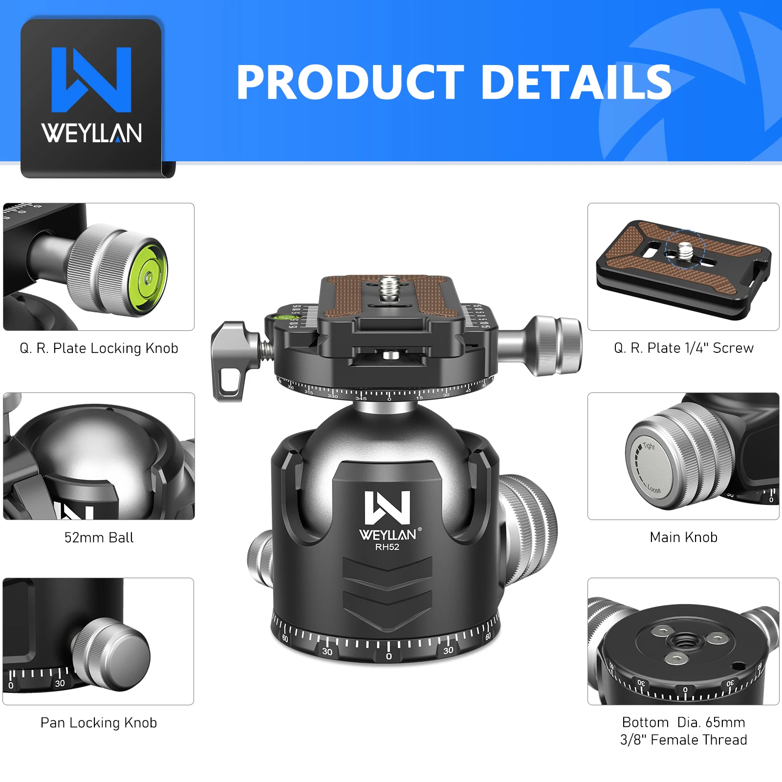 52mm Dual Panoramic Video Tripod Head Camera Ball Head Mount Arca Quick Release Plate Low Profile Ballhead for Tripod Monopod