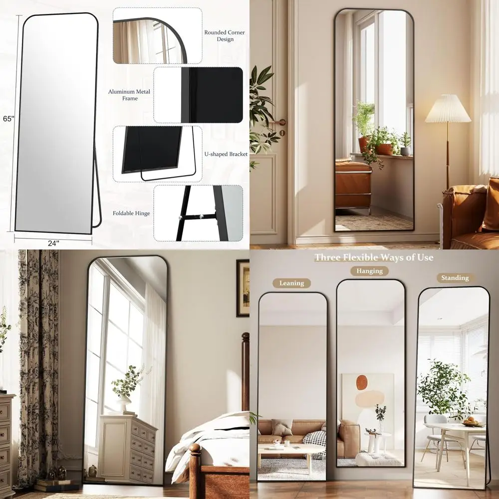 

65x24 Arched Floor Standing Large Body Mirror with Stand, Ideal for Bedroom or Living Room, Black