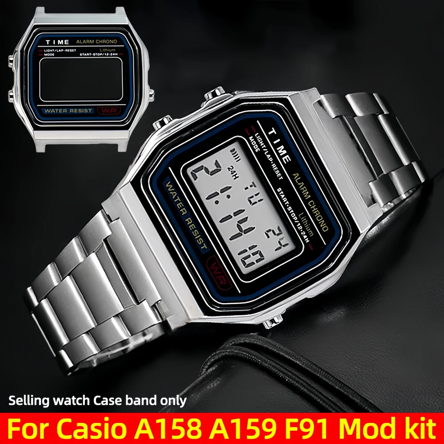 A158 F91 Mod Kit Metal Case Strap For Casio Electronic Watch A158w A159W F-91w Stainless Steel Bezel watchband with Glass Tools