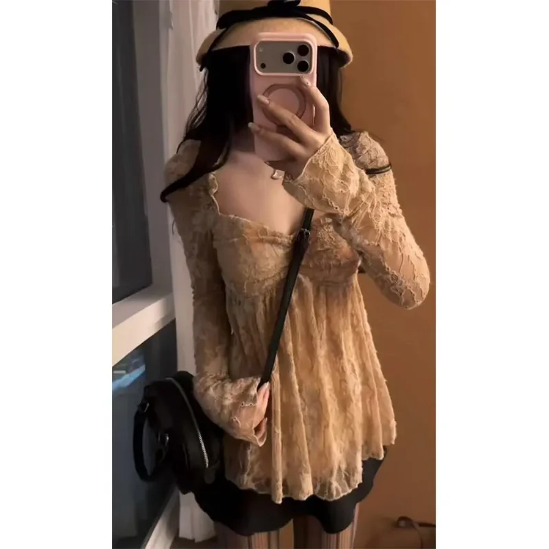 

Women's Beige Lace Long Sleeve Blouse Off-Shoulder Ruffled Casual Top