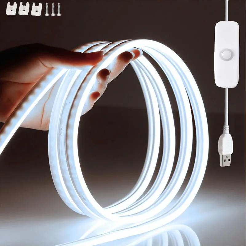 5V USB LED Neon Light Strip Linear ON OFF Switch Flexible Adhesive Tape Waterproof Warm/White Cabinet Lamp