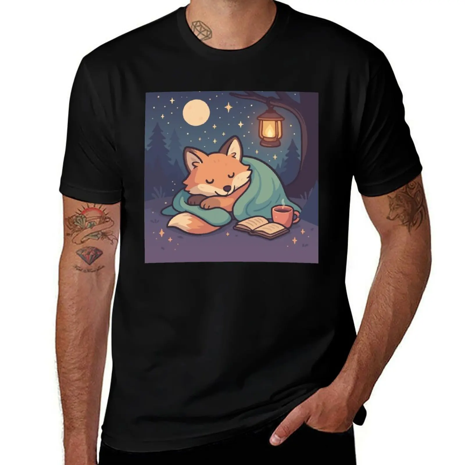 

Dreaming Fox Under Lantern Light – Cozy Pastel Night Illustration T-Shirt quick-drying designer t shirt men