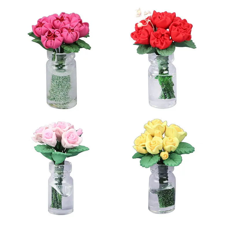 

1:12 Dollhouse Miniature Decorations - Potted Plant Glass Bottle Rose Flower for Living Room Scene & Car Ornament