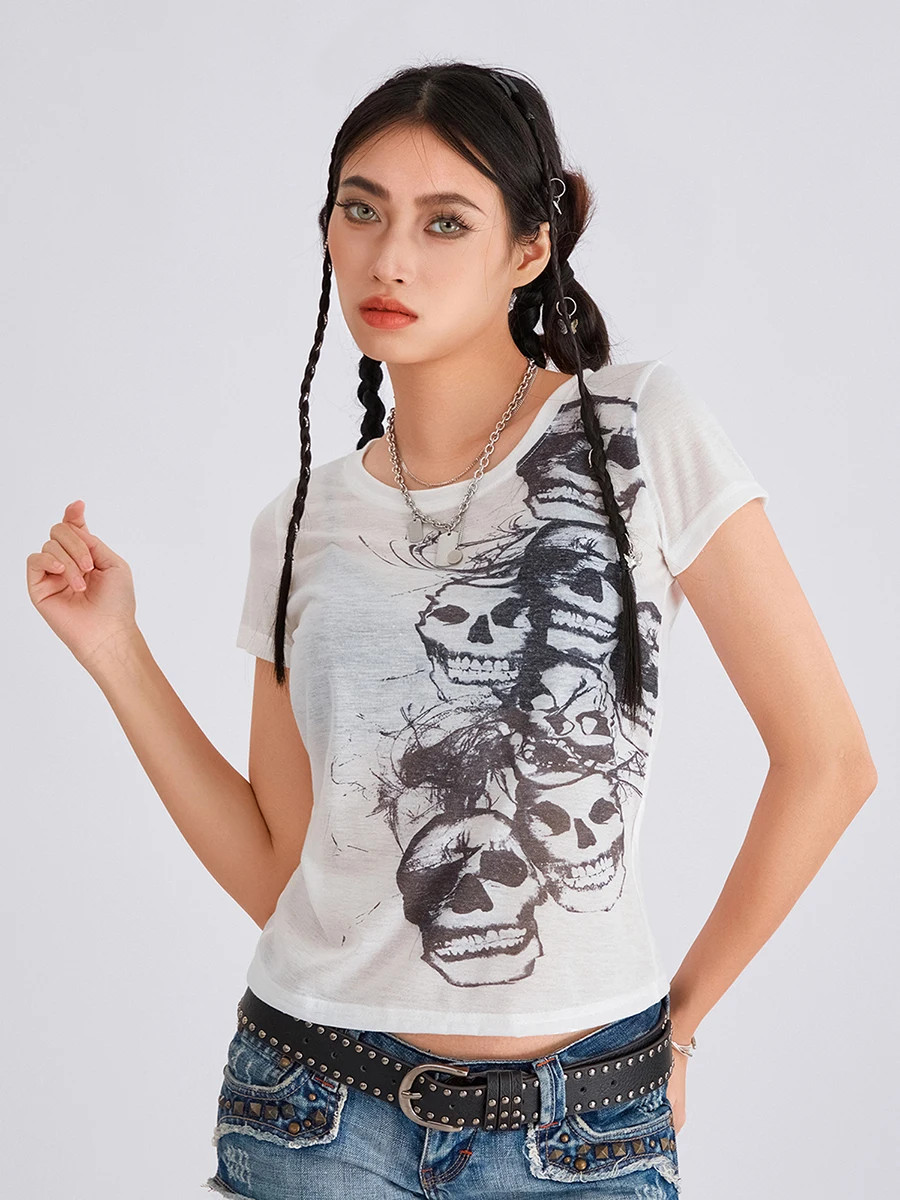Vrouwen Vintage Schedelprint T-shirts Zomer Casual Korte Mouw Crop Tops Blouses Grunge Esthetische Kleding 00s Streetwear