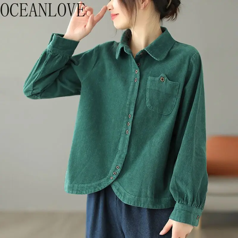 

OCEANLOVE Corduroy Shirts&blouses Women Tops Autumn Winter Irregular Blusas Mujer Japanese Style Vintage Simple Camisas