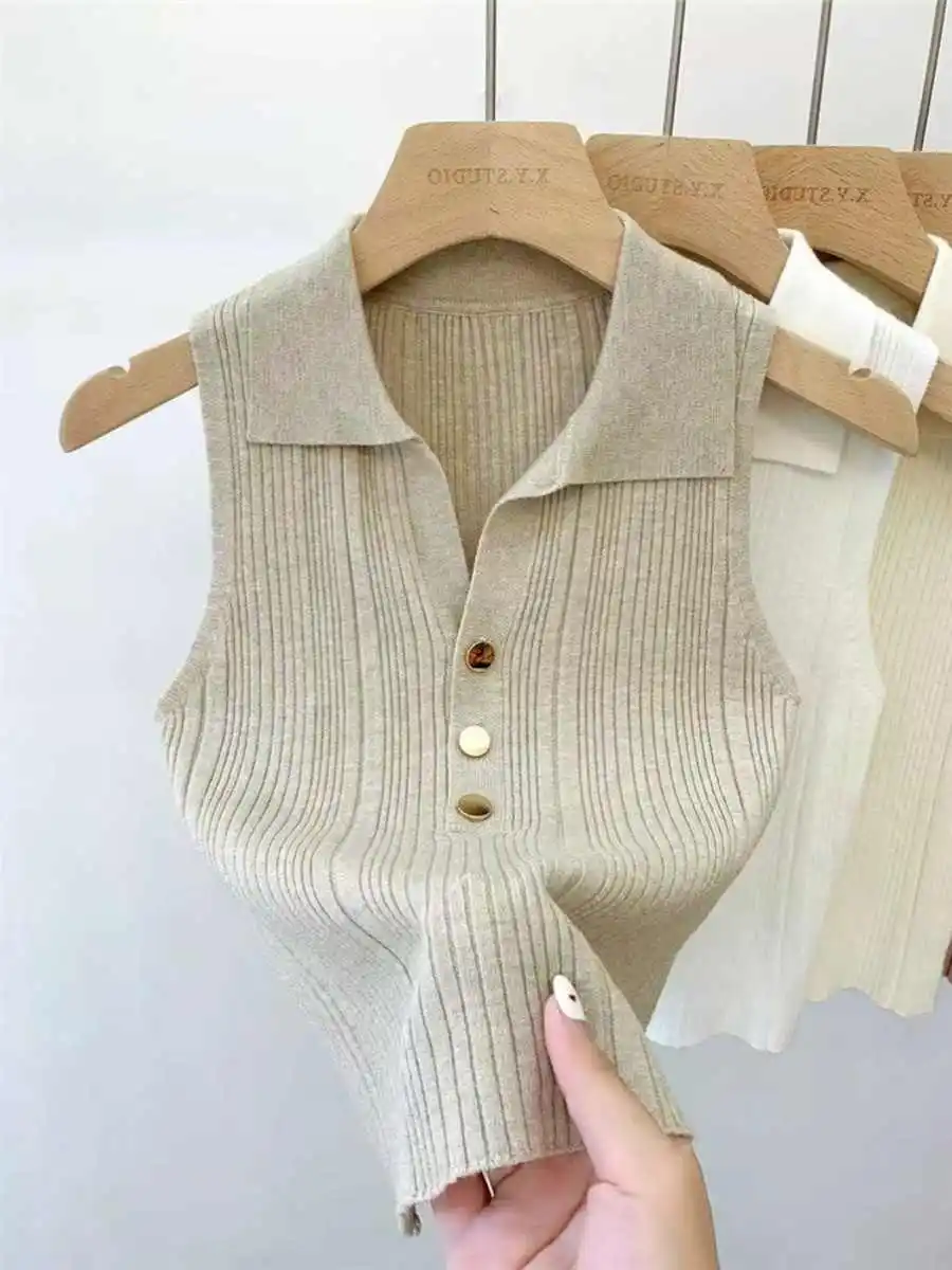 Knitted Sweater Women Pullovers New Sleeveless Turn Down Collar Knit Sweater Pullover Women Tops Sweaters Sueters De Mujer Q1221