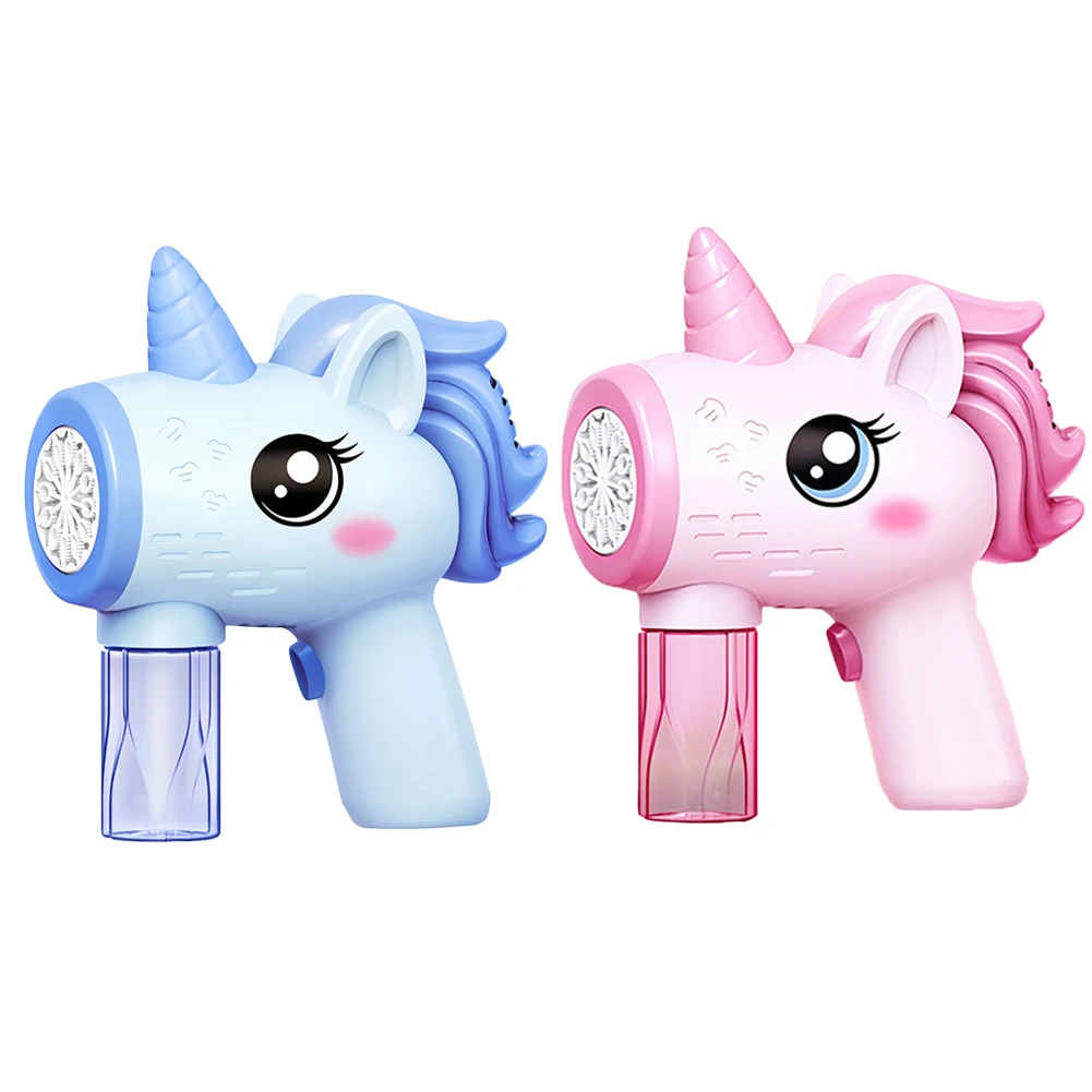 ปืนเป่าฟองสบู่ไฟฟ้ารูปยูนิคอร์น ของเล่นปืนเป่าฟองอัตโนมัติ พร้อมไฟ  เครื่องทำฟองสบู่ ของเล่นกลางแจ้งสำหรับเด็กช่วงฤดูร้อน