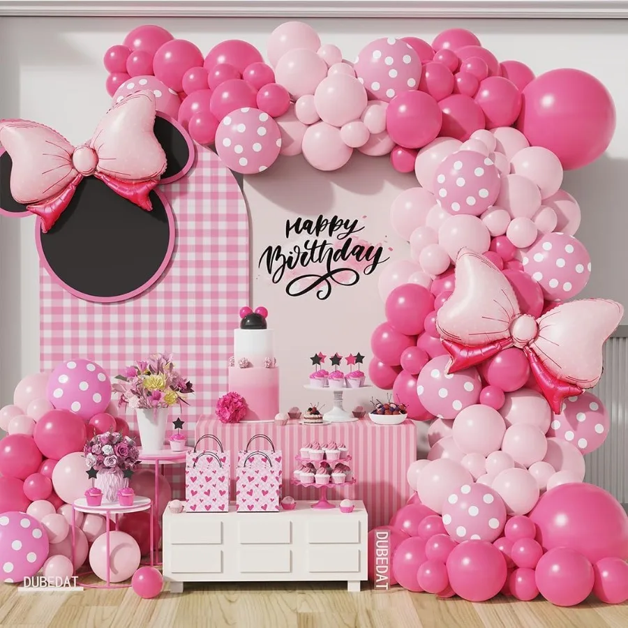 Arco de guirlanda de balão de mouse rosa, 136 peças, bolinhas rosa, balão para tema de mouse, aniversário, menina, decoração de chá de bebê