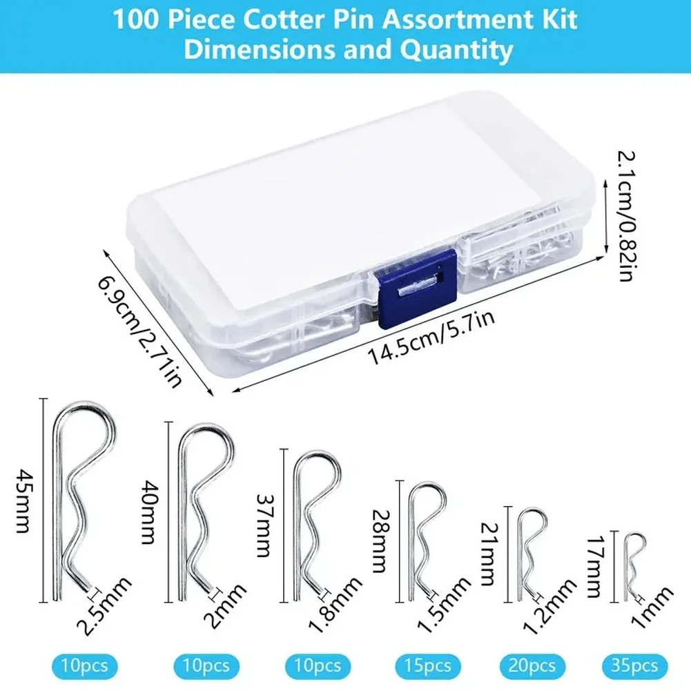 100pcs Parallel Pins Zinc Plated R Type Cotter Pins Assortment Kit 6 Sizes Double Loop Wave Galvanized Steel Tool Accessories