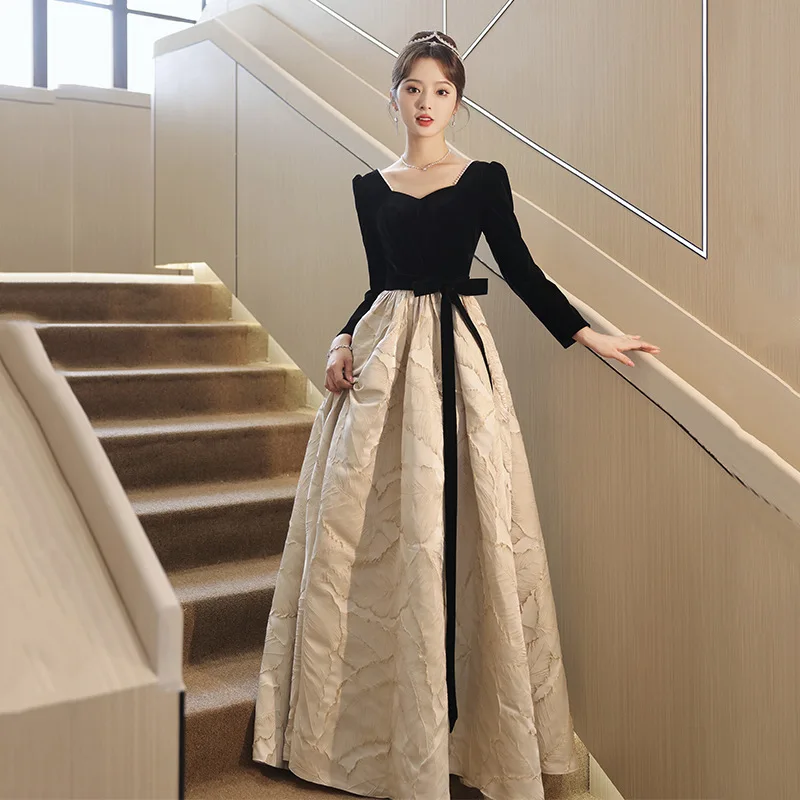 

Evening Dress Women's High-end Light Luxury Niche Velvet Black Long-sleeved High-end Autumn Annual Meeting Vocal Art Test Dress