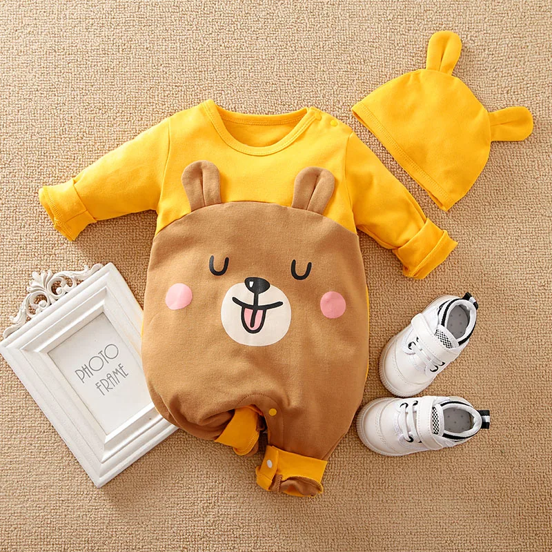 Newborn BoyAndGirl Casual Simple Cute Cartoon BearHatTwo-Piece Set Yellow Comfortable Cotton Spring Autumn Long Sleeved Jumpsuit