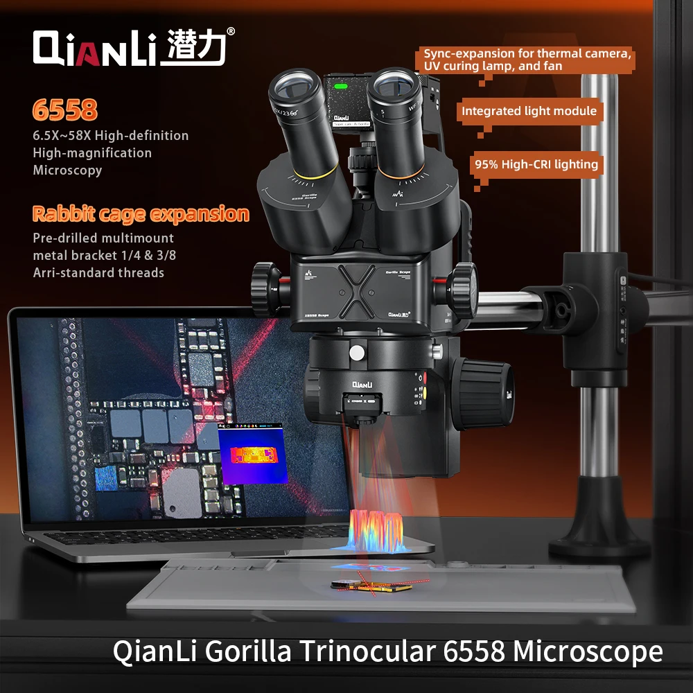 Qianli Gorilla 6558 Trinocular Stereo Scope 6.5‑58X Zoom Industrial Thermal Camera for Phone PCB Soldering Repair InspectionTool