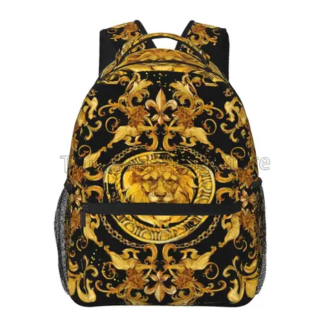 황금 사자 바로크 패턴 배낭 학교 가방 경량 학생 Bookbag 여행 하이킹 캠핑을위한 남여 노트북 데이 팟