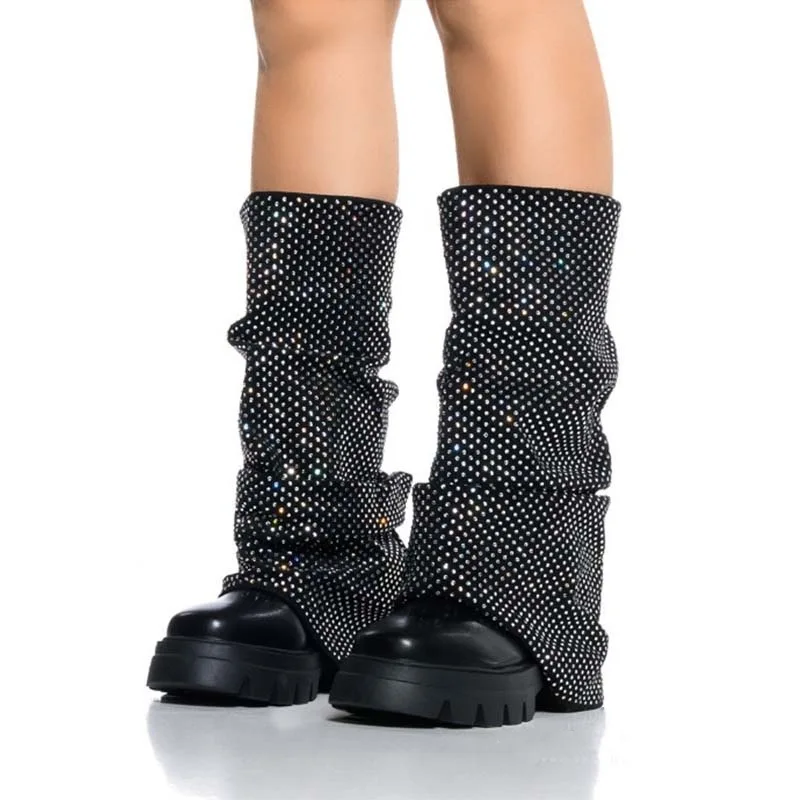 

Bling Rhinestone Black Round Toe Platform Knee-High Women Boots Chunky High Heels Slip On Design Large Size Shoes