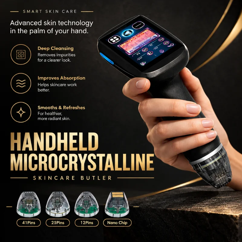 Handheld Microcrystalline RF Skin Care Machine Portable Aluminum Alloy Box Kit 4 Replaceable Treatment Tips Shrink Pores Acne