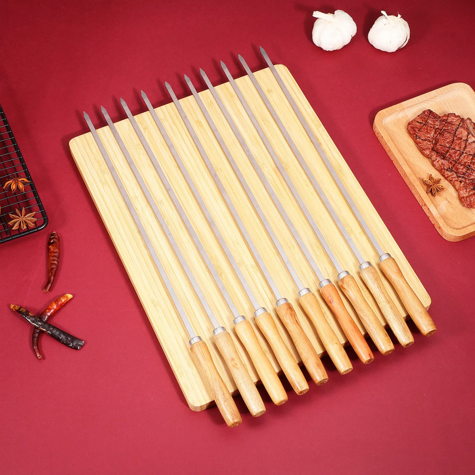 

10Pcs Barbecue Skewers Stainless Steel Flat Skewers for Grilling Vegetables Seafood Meat Roasting Sticks Outdoor Camping