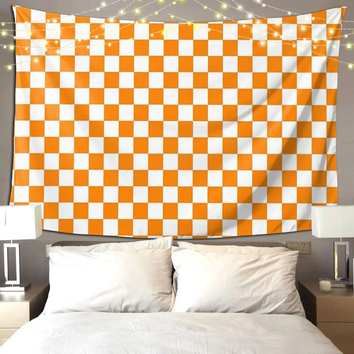 Orange White Checkered Pattern Tapestry Art Wall Hanging Aesthetic Home Decoration Tapestries for Living Room Bedroom Dorm Room