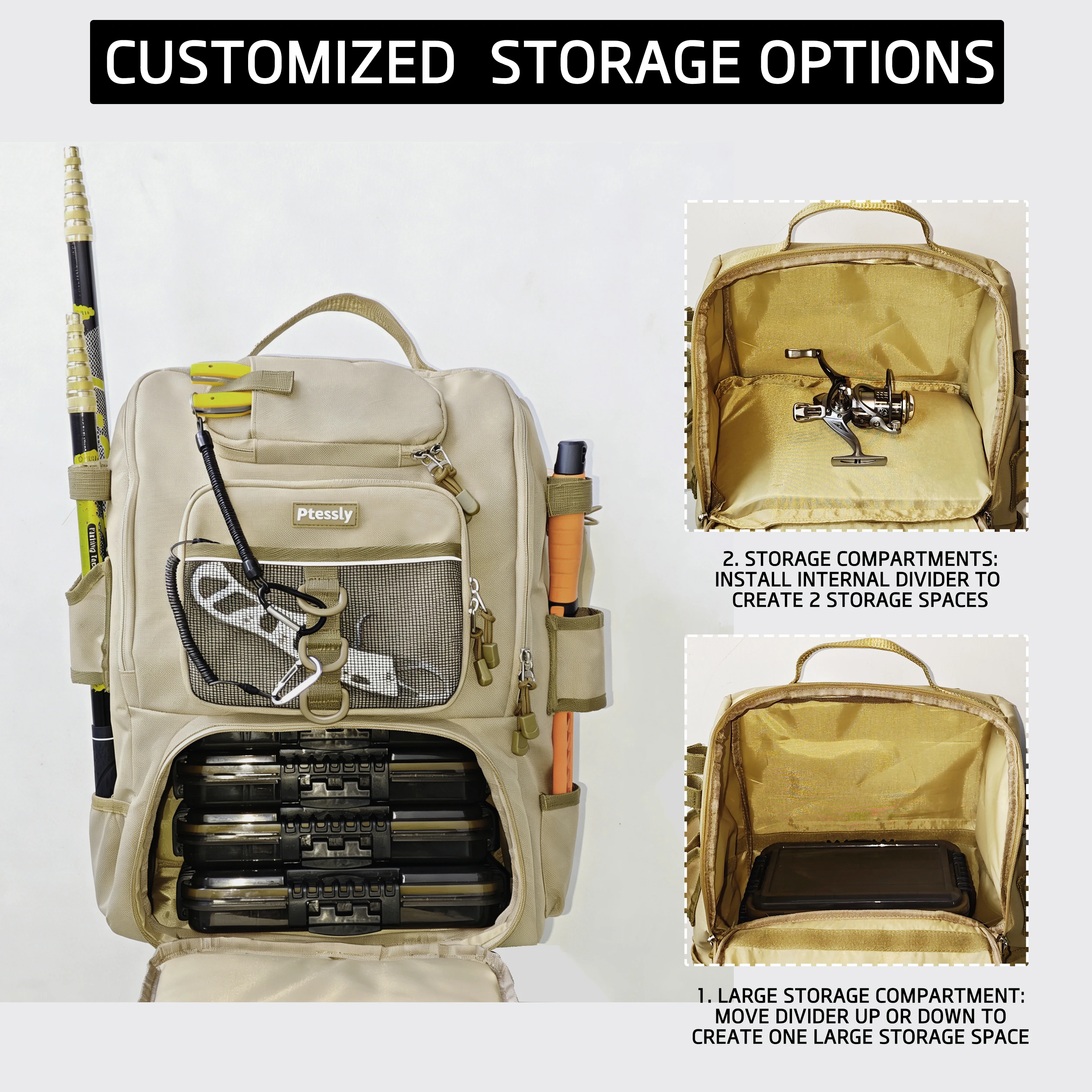 

Один рыболовный рюкзак из плотной ткани Оксфорд, подходящий для хранения рыболовных снастей, удочек, приманок и плоскогубцев.