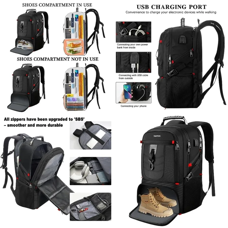 

Travel Business Laptop Backpack for PC with Shoe Compartment USB Charging Port, Sport Gym Bag for College Hiking Camping, Water