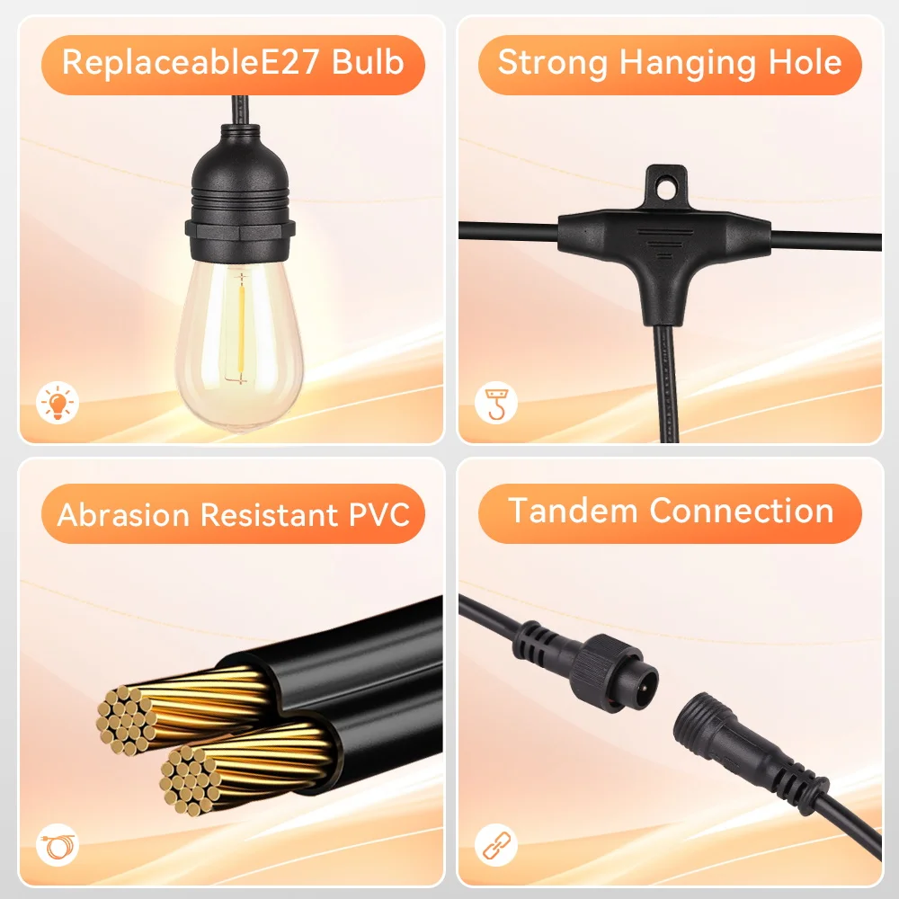 E27 Outdoor String Lights LED Bulbs UK/US Plug Waterproof Retro Bulb For Garden Decoration 10/015/20/30M String Lights