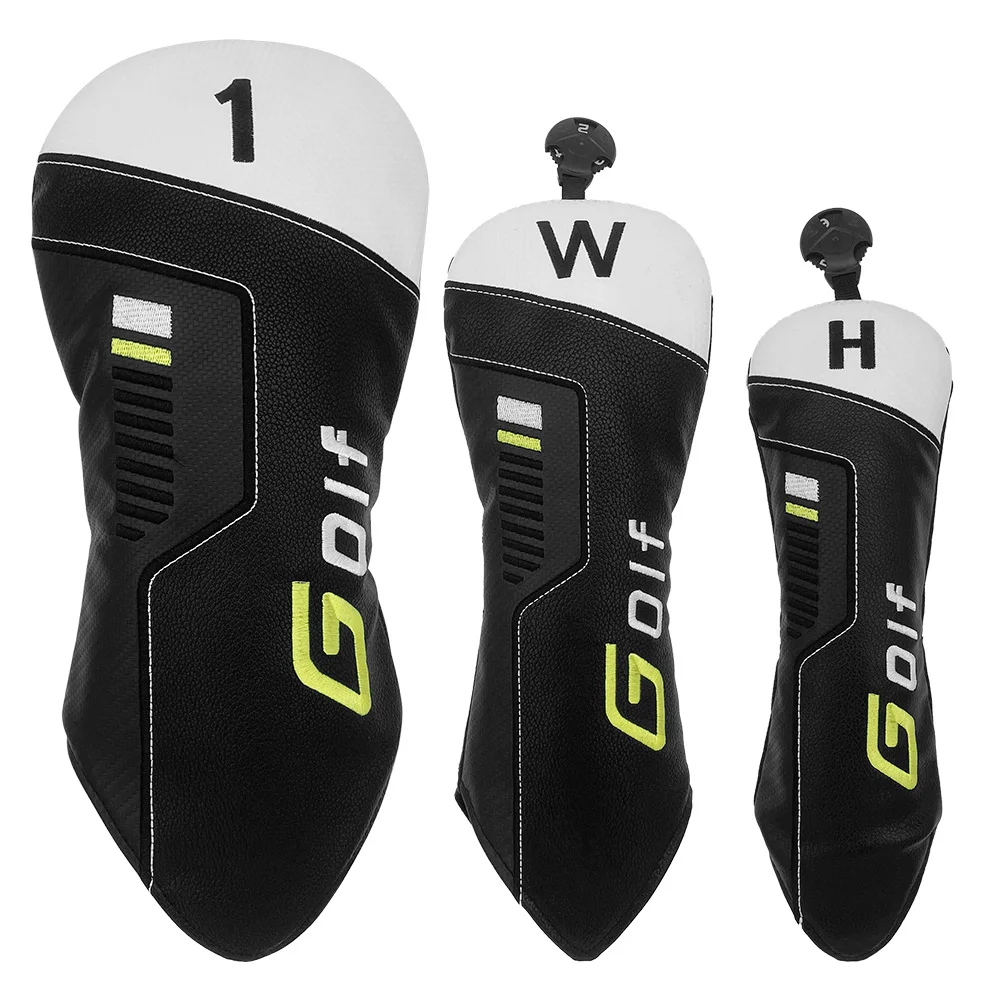 Black PU Leather 1 W H Embroidered Golf Club Head Driver Fairway Wood Hybrid UT Covers Gift For A Golfer
