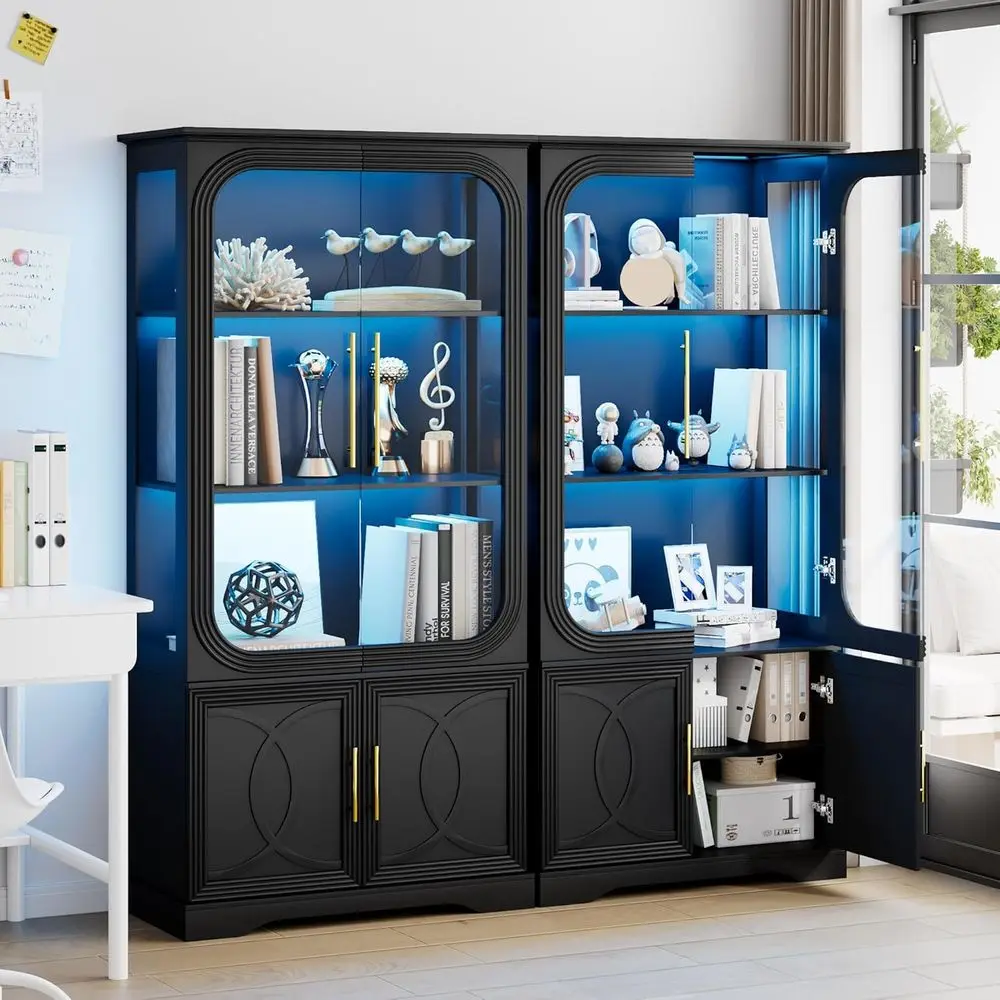 69 Tall 2-Piece Glass Curio Cabinet with LED Lights and 3 Shelves for Living Room (Black)