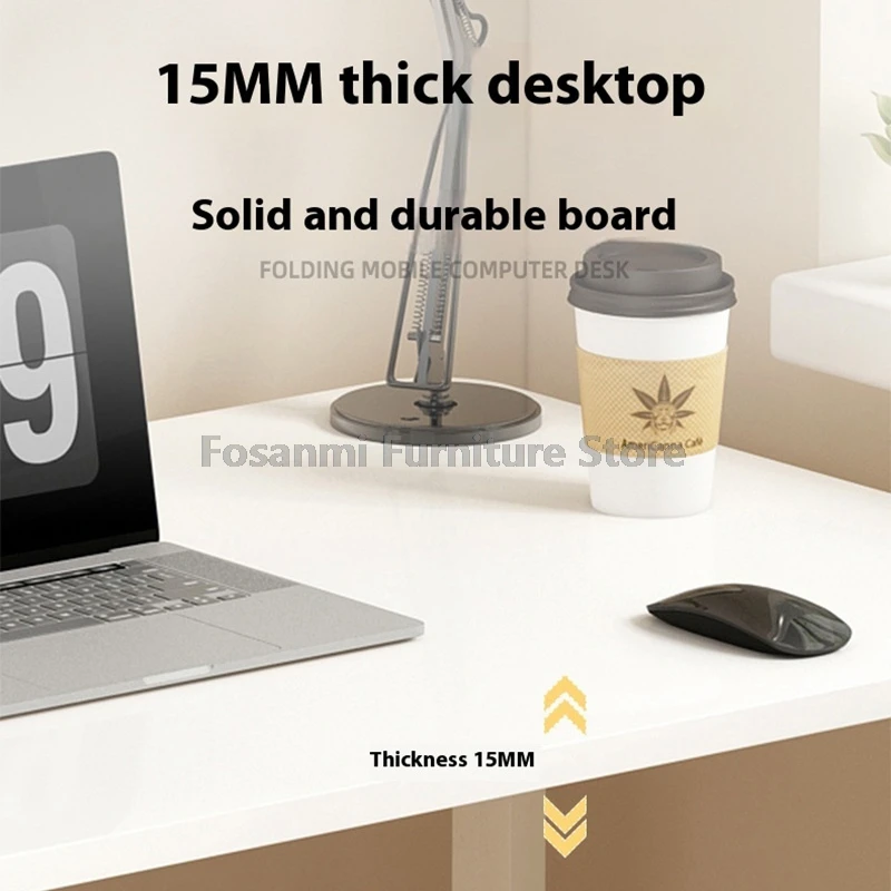 مكتب مكتب منزلي بسيط قابل للطي مع مساحة تخزين، مكتب كمبيوتر صغير قوي ومحمول، طاولة ألعاب للكتابة باللون الأبيض مع عجلات