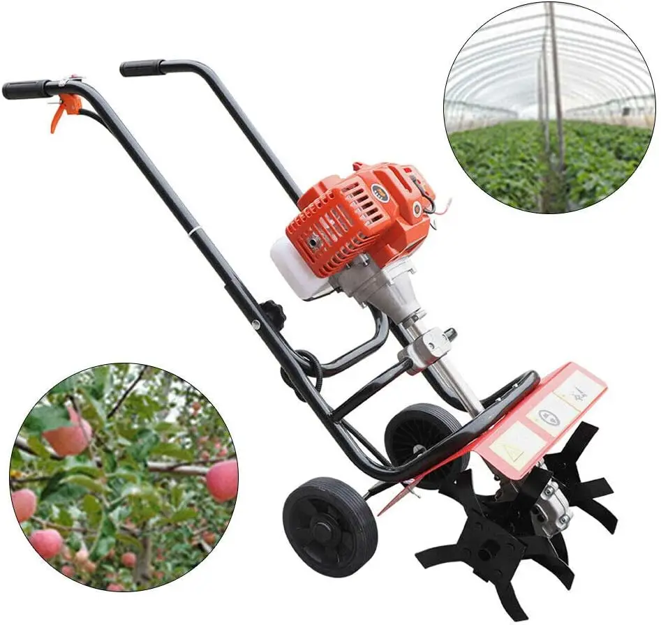 Tiller Cultivator, 52CC 2 Stroke Gas Power Garden Rototiller Cultivator Yard Tilling Tool with 4pcs 24cm Blades for Garden