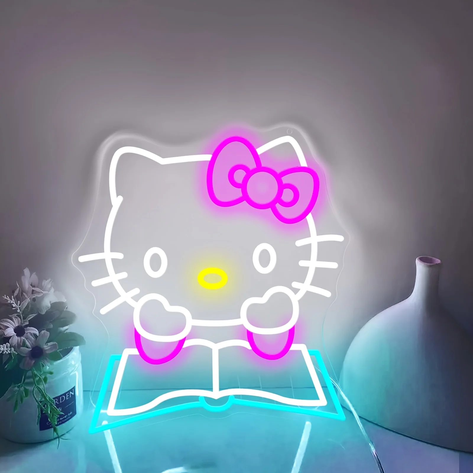 

Неоновая вывеска LED Sanrio Hello Kitty с изображением чтения книги, регулируемая яркость, USB, для спальни, игровой комнаты, декора для вечеринок, подарков на день рождения